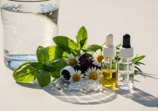 Sunlight streams onto tiny homeopathic pellets and dilutions resting next to vibrant summer herbs and cooling crystal clear water outdoors, hydration, close, healing