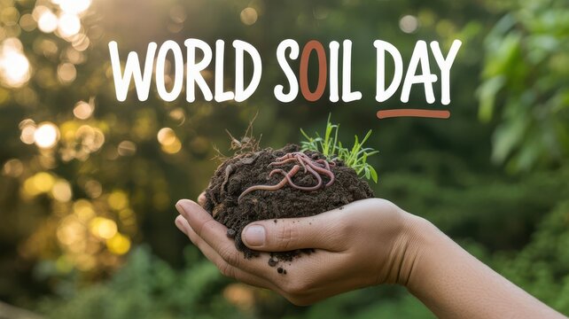 World Soil Day concept with hands holding dark fertile soil containing earthworms and a green sprout against a soft bokeh nature background