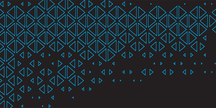 Abstract seamless pattern with glowing blue triangular geometric lines on a dark background. Modern, futuristic, and dynamic design with a clean symmetrical layout.