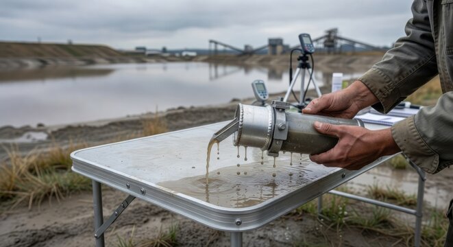 Side angle closeup of researcher holding filtration device murky water dripping through membrane aluminum folding table sharp soft blurred tailings pond and monitoring gear behind