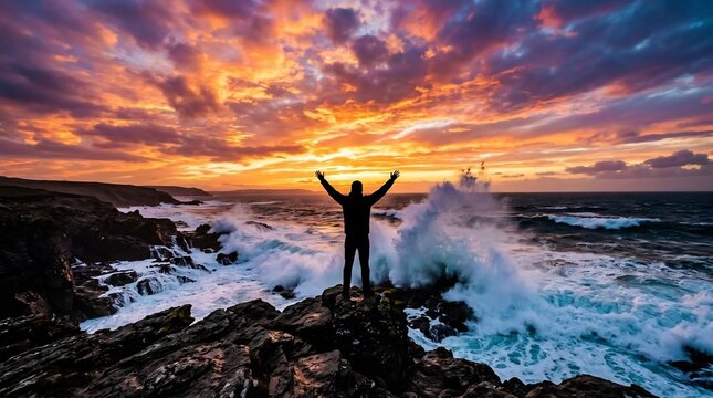 Silhouette of a man with arms raised in triumph on rocky cliff during dramatic ocean sunset, representing strength, resilience, freedom, and inspirational milestone.