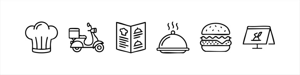 Fototapeta premium A minimalist hand-drawn set of six restaurant and food icons including a chef hat, delivery scooter, menu, platter, burger, and reservation card. Perfect for menus, websites, and delivery apps.