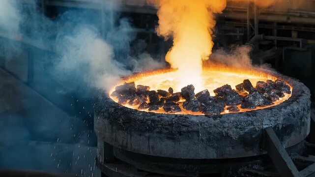 Medium shot of a midscale induction furnace melting brass scrap showcasing vibrant molten metal and sparks flying during efficient nonferrous metal recycling