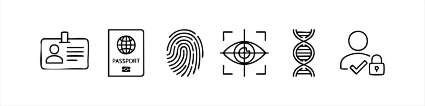 Vector set of biometric and identity icons including ID card, passport, fingerprint, iris scan, DNA helix, and secure user. Professional line art for security, privacy, and data protection.
