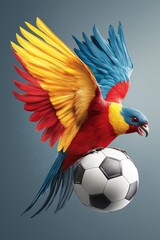 Obraz premium Colorful parrot with vibrant wings holding soccer ball in beak and claws isolated on gray background for sports concept