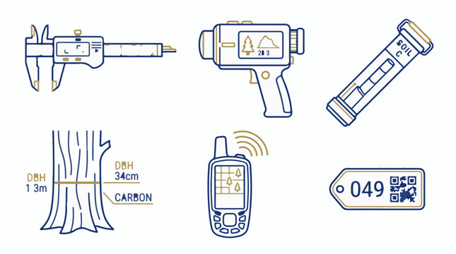 Forestry and environmental research equipment icons including digital calipers and soil sampling tools in a flat line art vector illustration style