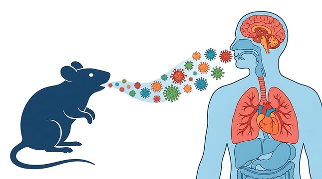 Hantavirus Diseases of a mouse exhaling virus particles towards a human respiratory system image photo