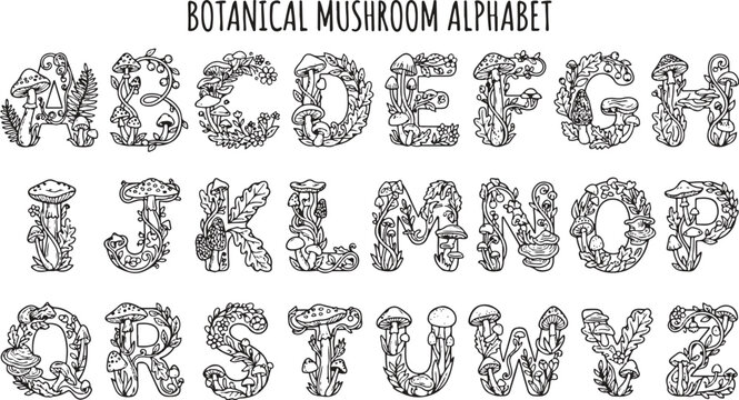 Botanical mushroom alphabet vector font set with hand drawn vintage wild mushrooms, leaves and ferns