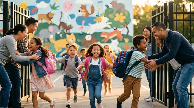 Happy diverse children running to parents at school gate with colorful mural background