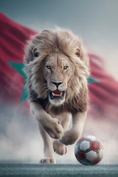 Powerful lion aggressively chasing a worn soccer ball on field with a waving Moroccan flag in background for sports and wildlife
