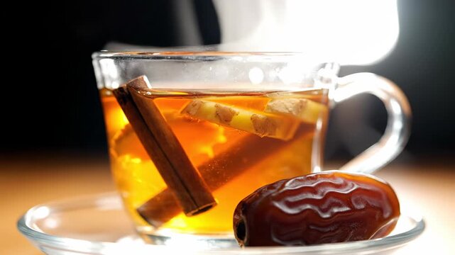 Steaming herbal tea with ginger and cinnamon served with a date fruit. Traditional Muslim Iftar or Suhoor drink for Ramadan. Hot beverage in glass cup on dark background