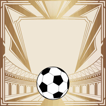 Stylized gold monochromatic illustration of a soccer stadium arena with a football and central copy space