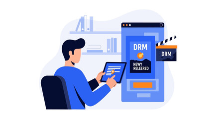 Fototapeta premium Digital Rights Management DRM Concept Illustration with Man Managing Media Content Licensing and Copyright Protection for Movie Releases on a Digital Tablet
