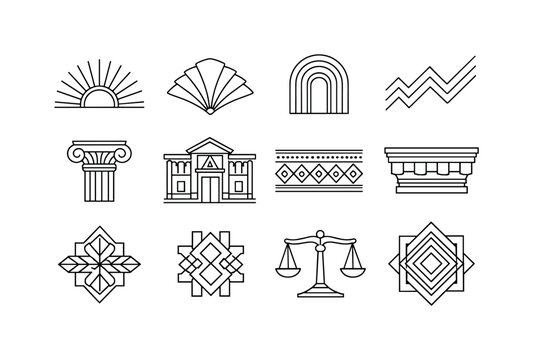 Line style vector icons of neo deco revival: sunburst, fan, arch, zigzag; column, facade, frieze, cornice; symmetry, geometry,