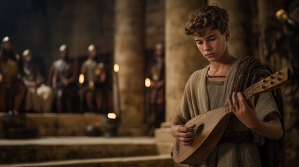 Obraz premium Young David fills Saul’s palace with the sound of his lyre, bringing peace to a troubled king and revealing how humble gifts can serve a greater purpose in God’s plan. 
