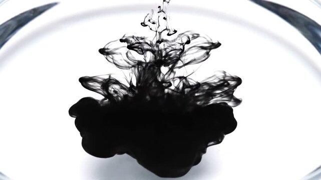 Black ink drop dispersing into clear water creating beautiful abstract shapes in slow motion footage