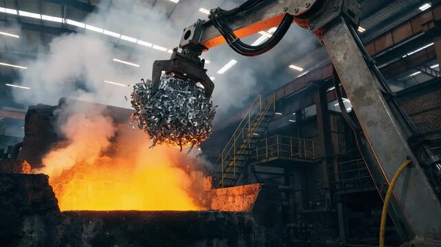 Medium shot of a gantry robotic loader precisely placing metal scrap into a glowing nonferrous furnace in an automated industrial setting