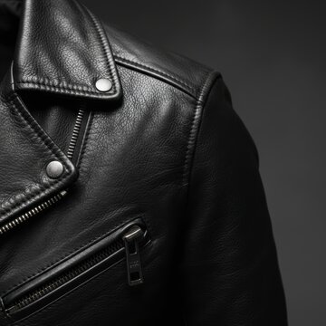 Close-up of a Stylish Black Leather Biker Jacket on a Dark Background