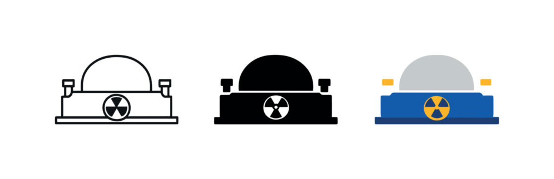 Technical facility scene reduced to identical nuclear reactors set horizontally, same domed silhouette and base proportions