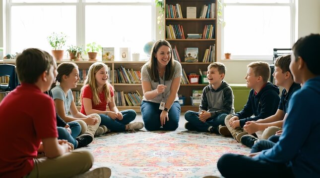Teacher interacting with diverse group of elementary students sitting in a circle on the floor