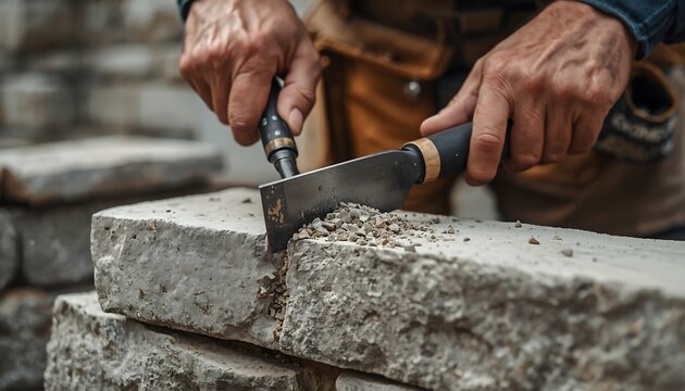 A skilled artisan is using a chisel and hammer to meticulously carve into a large stone block, scattering fragments in a workshop setting.