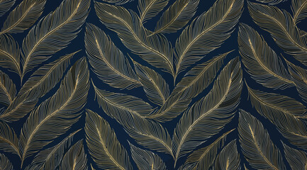 Seamless pattern with golden feathers on dark blue background © S.Siam