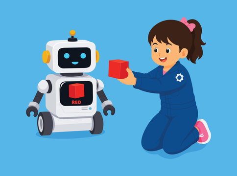 Girl Teaching Educational AI Robot to Recognize Objects