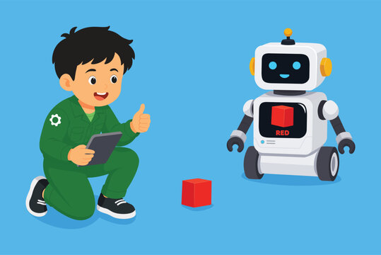 Boy Testing Educational AI Robot with Object Recognition Technology