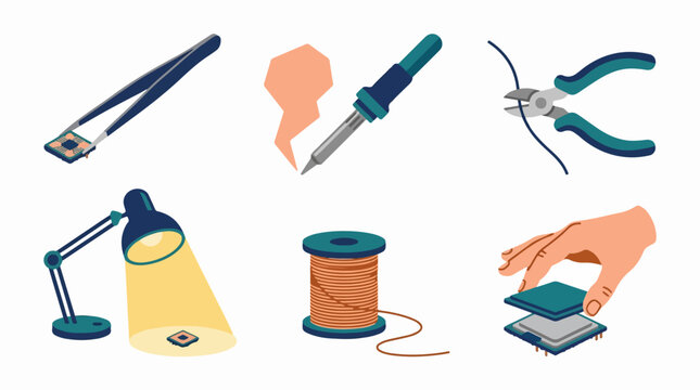 Set of electronic repair tools and components including soldering iron tweezers wire cutters desk lamp and computer processor chip in flat vector style