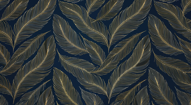 Seamless pattern with golden feathers on dark blue background