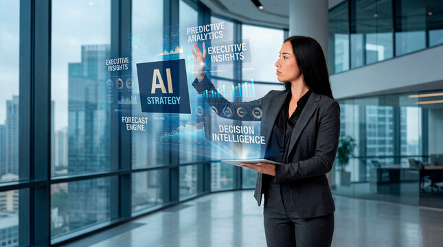 AI strategy dashboard reviewed by executive woman