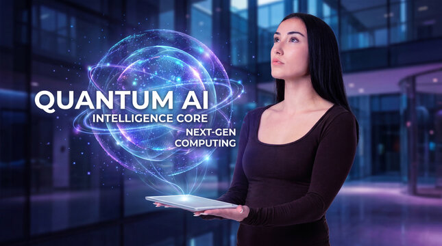 Quantum AI platform presented by professional woman
