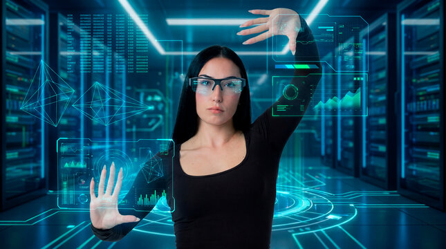 Data analyst woman using virtual dashboard