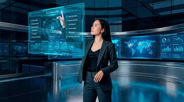 AI command center operated by executive woman