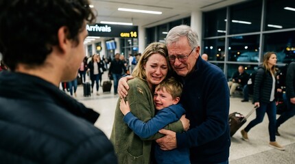 Fototapeta premium Emotional family reunion at airport arrivals, grandfather, mother, and crying young son hugging tightly with tears of joy, heartfelt homecoming, fatherly love concept.