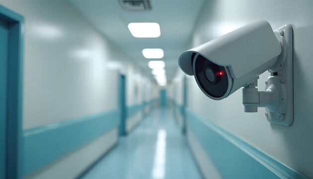 White security camera in hospital corridor with red light