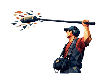 Sound recordist holding a boom microphone with a geometric abstract effect