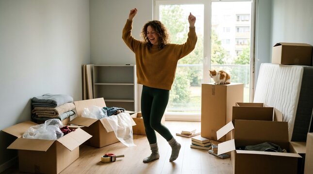 Joyful young woman dancing in her new apartment on moving day, celebrating independence surrounded by cardboard boxes, packing tape, and her pet cat.