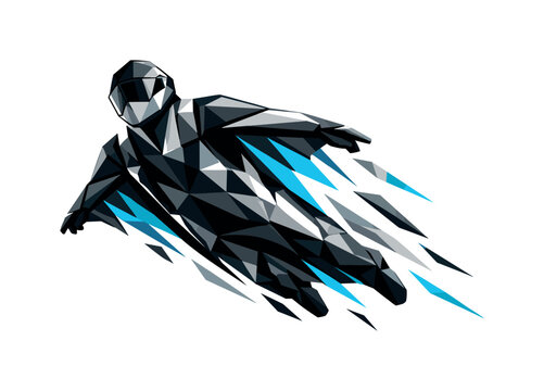 Geometric wingsuit flyer in dynamic motion with abstract blue streaks