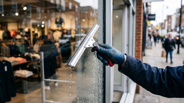 Window cleaner using squeegee to wash glass storefront. Professional janitor cleaning shop display window. Maintenance service, retail business hygiene, commercial cleanliness concept.