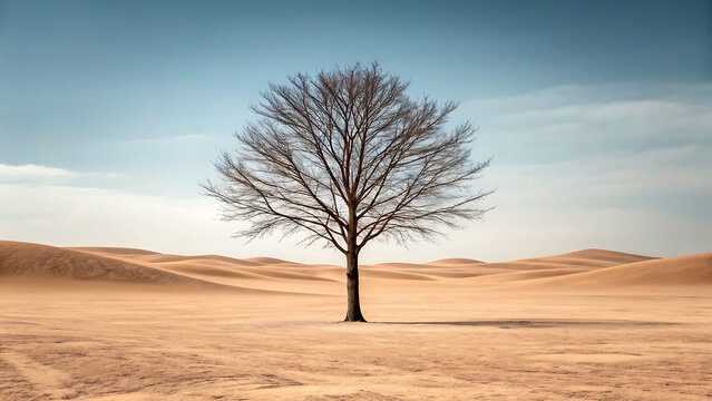 Solitary leafless tree standing in vast desert under dramatic sky with soft light