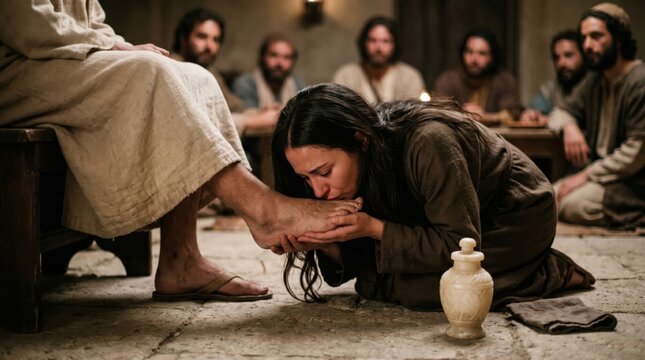 Woman anointing feet of Jesus in historical interior scene. Biblical narrative of humble worship and devotion. Religious scene from life of Christ with disciples in background.