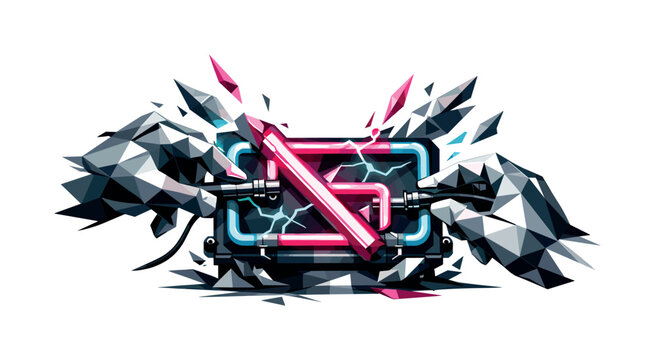 Abstract geometric hands manipulate glowing neon energy conduit with lightning effects