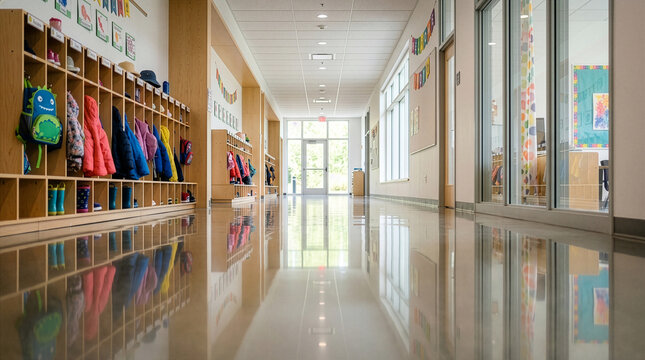 Empty School Hallway with Cubbies: A bright, clean, and empty school hallway, reflecting the polished floor, stretches towards double doors.
