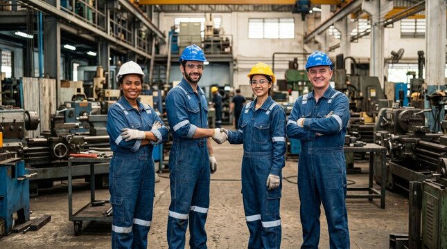 Group of two women and two men industrial engineers handshake in factory. Teamwork of diverse workers in safety helmet and uniform. Success and professional collaboration in manufacturing.