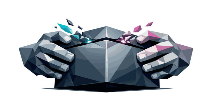 Geometric hands manipulate a faceted object with glowing crystal fragments