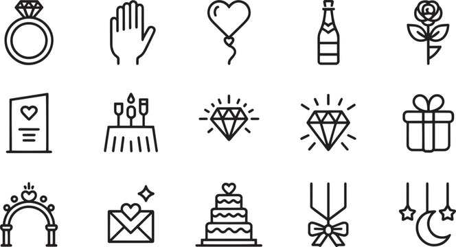 Elegant engagement celebration line art icons set for wedding proposal party and romantic event planning