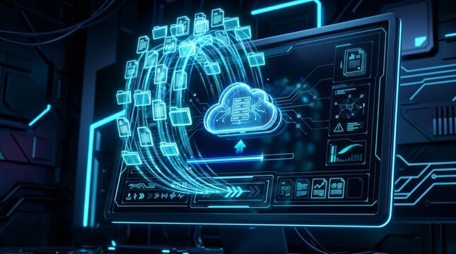 Computer screen displaying cloud storage technology with digital files and folders. Data backup, uploading and network synchronization. Innovative internet security and online computing.