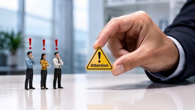 Businessman's hand presents a warning sign to tiny miniature figures that are reacting with alarm in a professional environment.