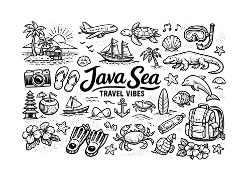 Tropical island vacation and ocean adventure doodle art collection